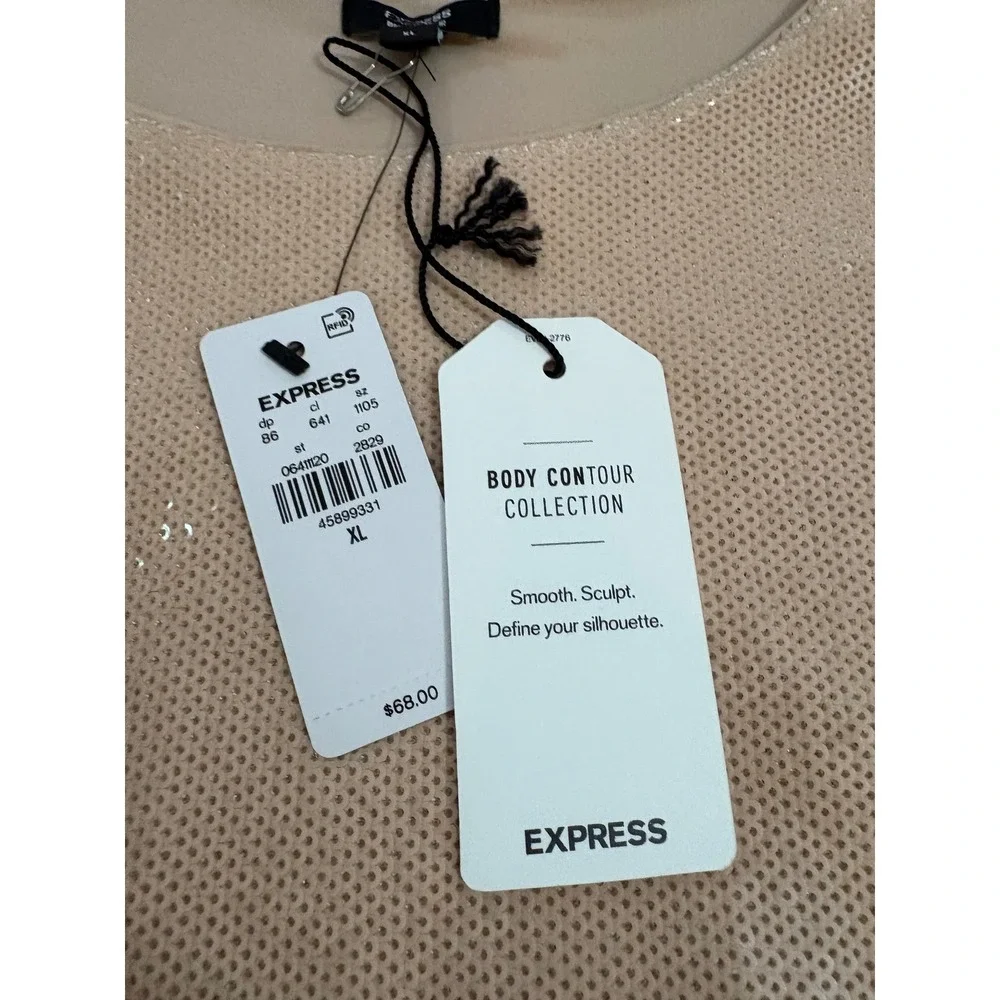 New Express Body Contour Sequin beige Bodysuit Sleeveless Top Party XL - Picture 7 of 10